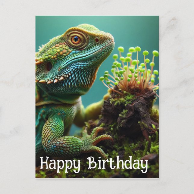 Cartão Postal Lagarto no Jardim de Musgo Feliz Aniversário (Frente)