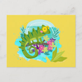 Cartão Postal Lagarto tropical verde com flores