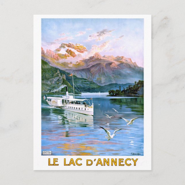 Cartão Postal Lago Annecy, veleiro, França, viagens vintage (Frente)