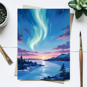 Cartão Postal Lago Aurora Boreal Paisagem Noturna Sonhadora