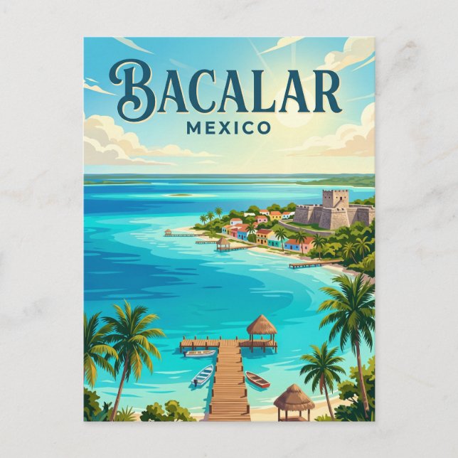 Cartão Postal Lago Bacalar (Laguna dos Sete Cores) México (Frente)
