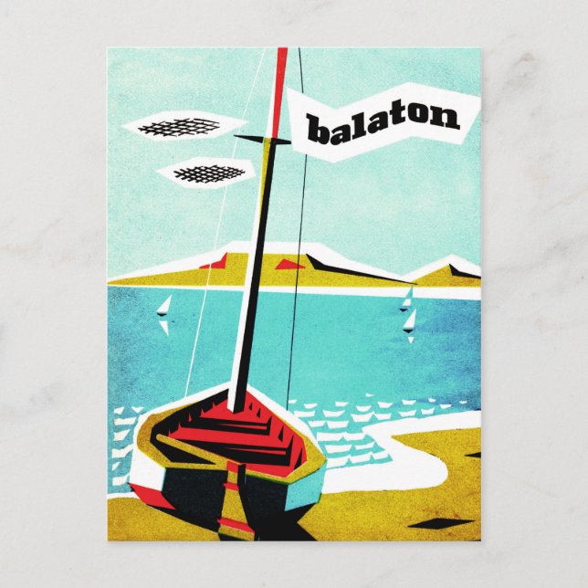Cartão Postal Lago Balaton, barco de pesca na costa, Hungria (Frente)