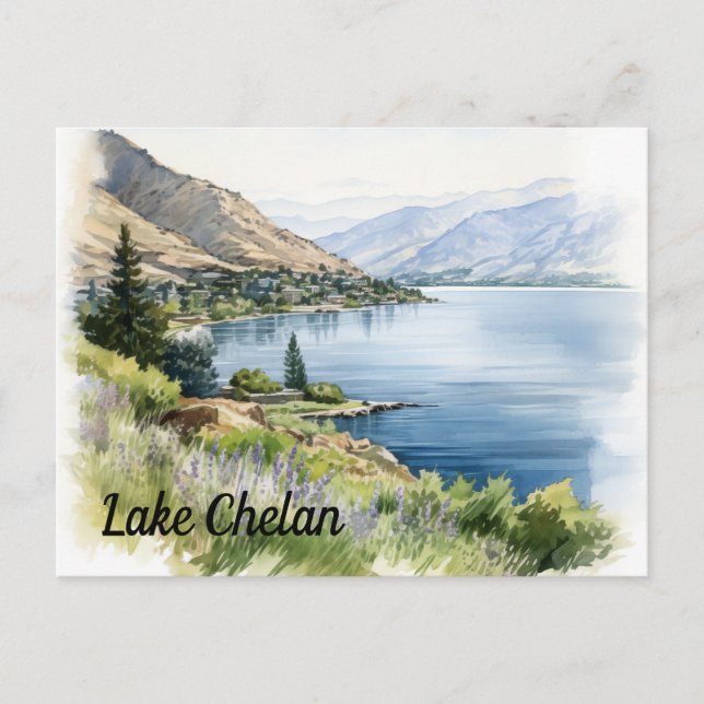 Cartão Postal Lago Chelan Washington Watercolor (Frente)