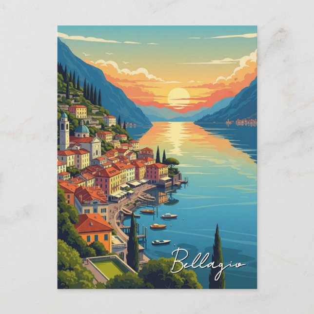 Cartão Postal Lago Como Bellagio Itália Sunset (Frente)