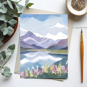 Cartão Postal Lago da Montanha Paisagem em Aquarela Floral