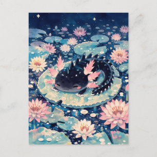 Cartão Postal Lago de Axolote Kawaii Preto da Meia-Noite