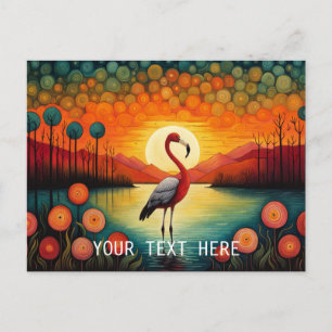 Cartão Postal Lago de Flamingo Rosa Pôr do Sol Florido Colorido