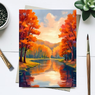Cartão Postal Lago de Outono Aquarela da Natureza da Folhagem