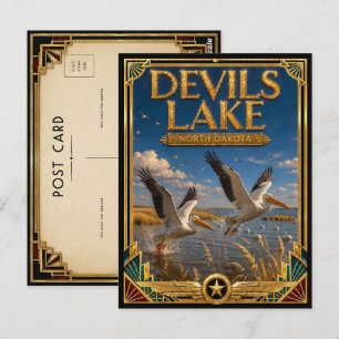 Cartão Postal Lago do Diabo Dakota do Norte Arte Deco Dourada Vi