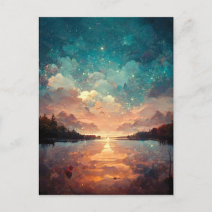 Cartão Postal Lago Dreamlike E Sunset Pintura paisagística