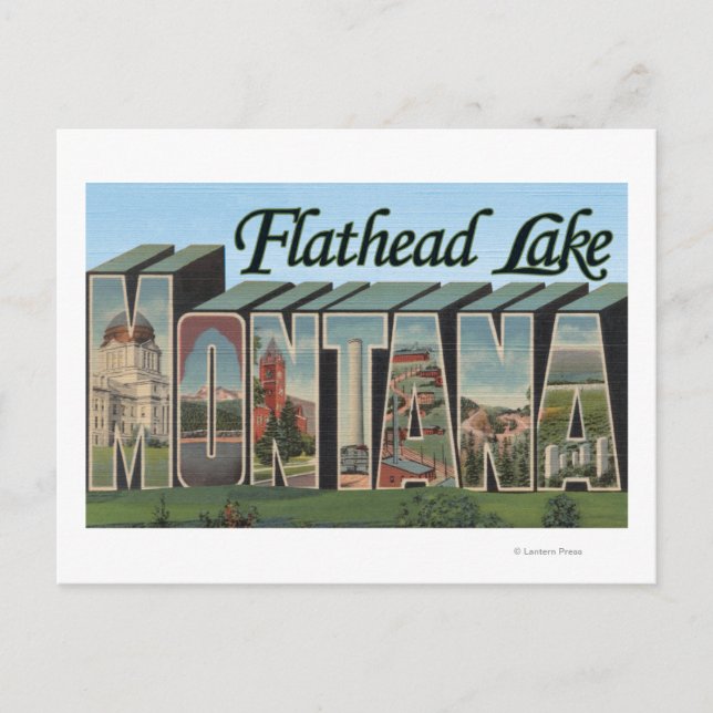 Cartão Postal Lago Flathead, Montana - Cenas com Grandes Letras (Frente)