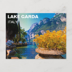 Cartão Postal Lago Garda e Flores Amarelas - Pintura de Óleo