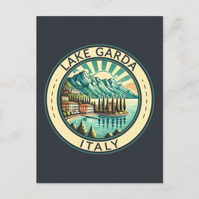 Cartão Postal Lago Garda Itália Ilustração Crachá de Arte Viagem (Frente)
