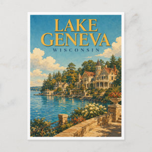 Cartão Postal Lago Genebra Wisconsin Lagoside Aquarela GeoSaga