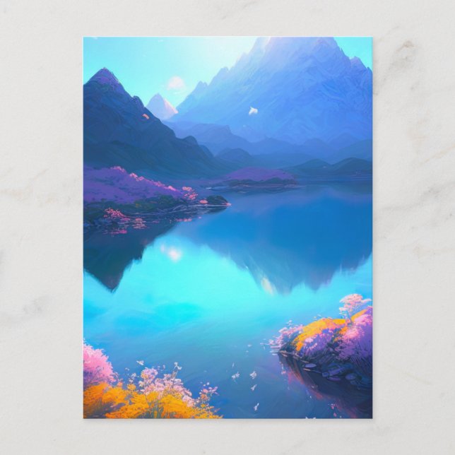 Cartão Postal Lago Mountain com flores selvagens florescentes (Frente)