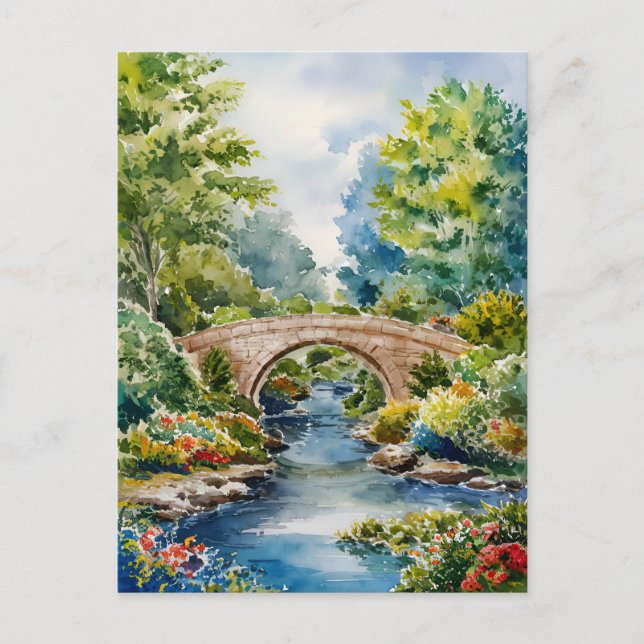 Cartão Postal lago ponte de jardim verde paisagem pintura (Frente)