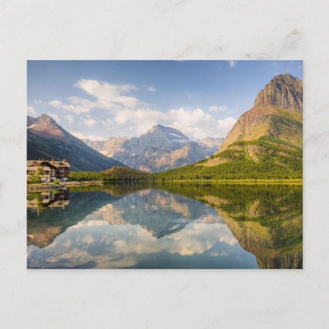 Cartão Postal Lago Swiftcurrent com o hotel Many Glacier e (Frente)