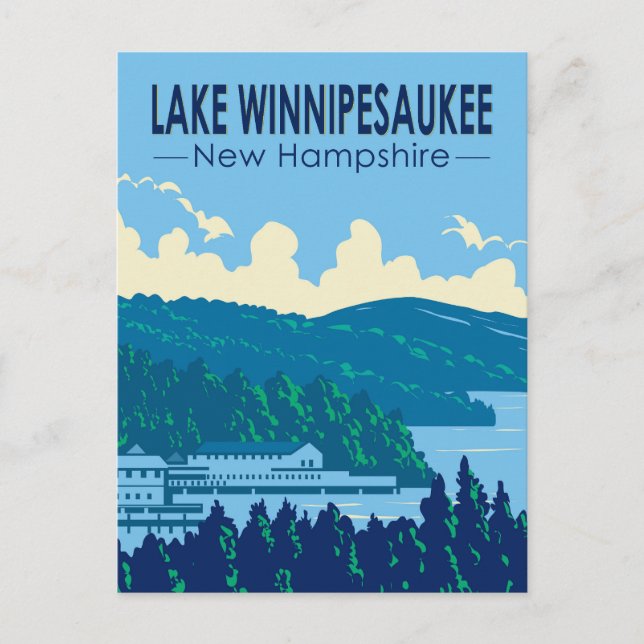 Cartão Postal Lago Winnipesaukee New Hampshire Viagem Art Retro (Frente)