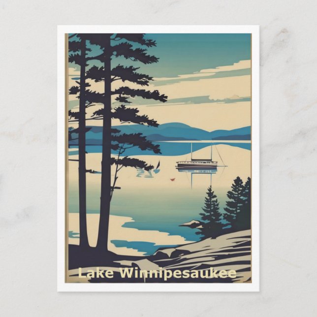 Cartão Postal Lago Winnipesaukee NH Quiet Lake Scene Graphic Art (Frente)