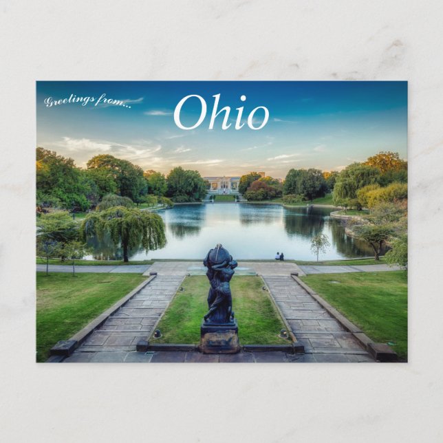 Cartão Postal Lagoa com estátua Cleveland Museum de Art Ohio (Frente)