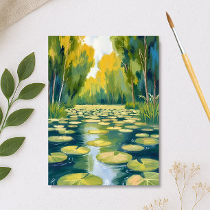 Cartão Postal Lagoa de Nenúfares Natureza em Aquarela Verde