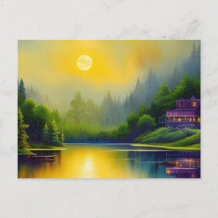 Cartão Postal Lakehouse Sunrise Reflete Arte Digital