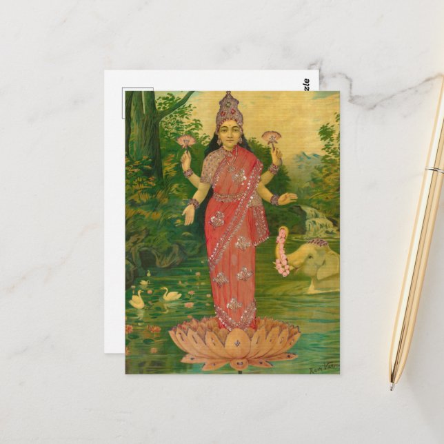 Cartão Postal Lakshmi por Raja Ravi Varma (Frente/Verso In Situ)