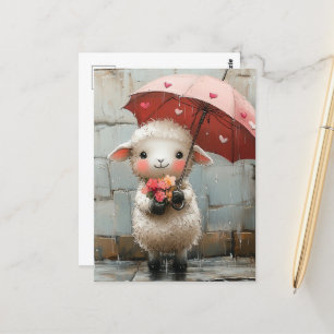 Cartão Postal Lamb com flores e guarda-chuvas