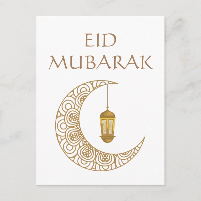 Cartão Postal Lâmpada Crescente Dourada da Celebração Eid Mubara (Frente)