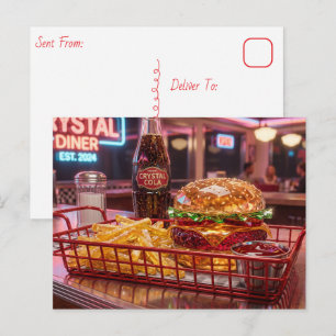 Cartão Postal Lanchonete Retro Fofo Hambúrguer e Batata Frita