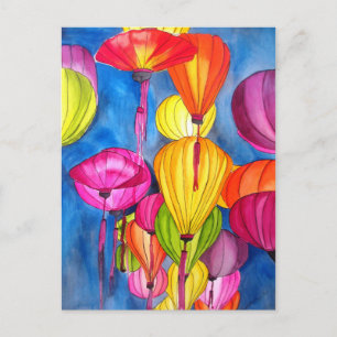 Cartão Postal Lanteras Chinesas pintam-d'água de arte fina