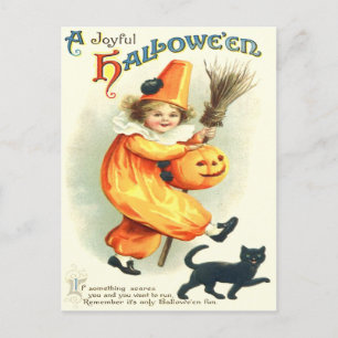Cartão Postal Lanterna bonito de Jack O do gato preto do palhaç