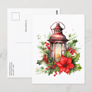 Cartão Postal Lanterna de Natal Vermelho Poinsettia e Pinheiro
