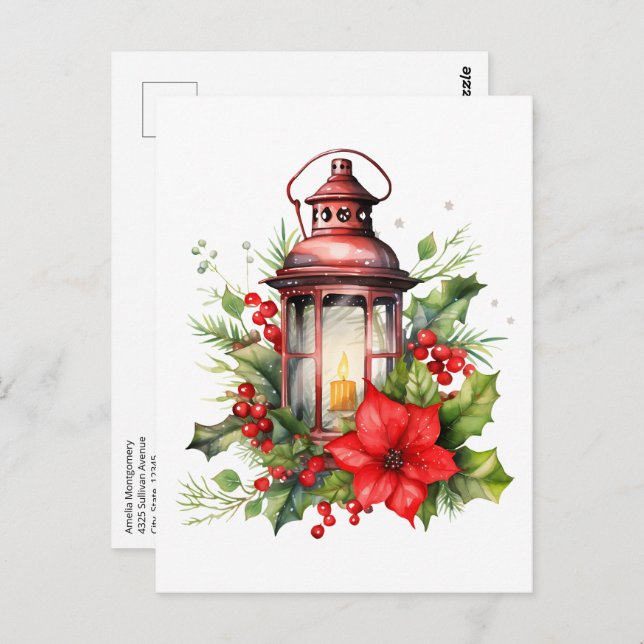 Cartão Postal Lanterna de Natal Vermelho Poinsettia e Pinheiro (Frente/Verso)