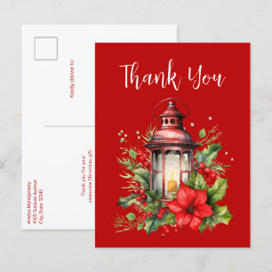 Cartão Postal Lanterna do Natal Vermelho Poinsettia Obrigado