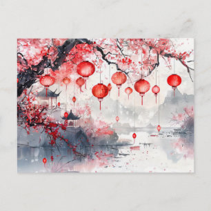 Cartão Postal Lanternas Chinesas de Aquarela e Árvores Floridas