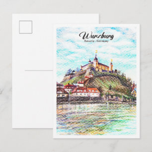 Cartão Postal Lápis de Cor Sketch Wurzburg Baviera Alemanha
