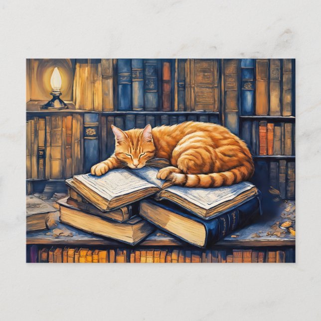 Cartão Postal Laranja-Aquarela Gato Dormindo em Livros (Frente)