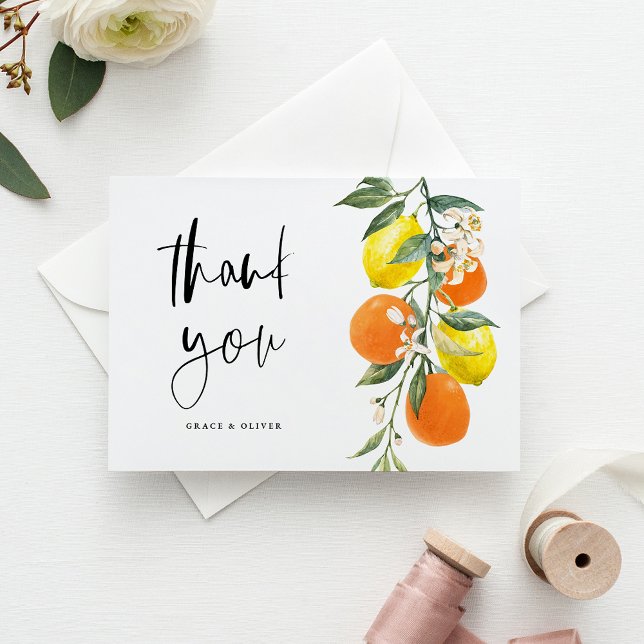 Cartão Postal Laranja Botânica e Casamento com Limão Obrigado (Botanical Orange and Lemon Wedding Thank You Postcard)