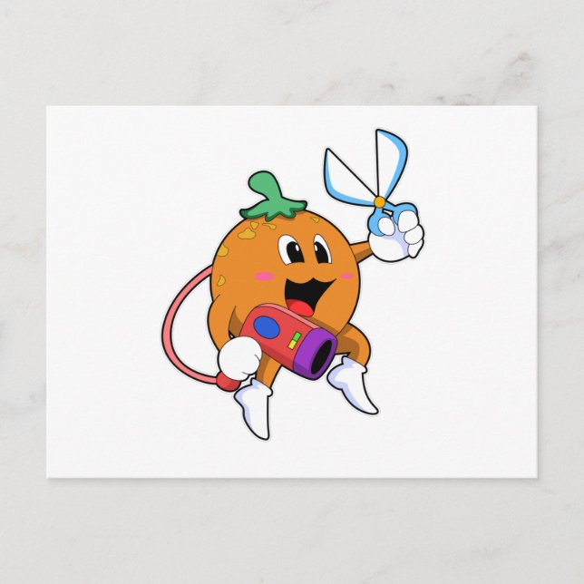 Cartão Postal Laranja como cabeleireiro com tesoura e secador de (Frente)