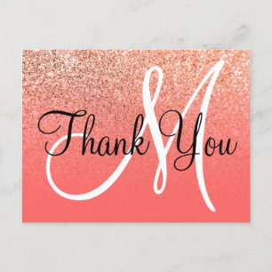 Cartão Postal Laranja Coral Ombre Glitter Monograma Obrigada