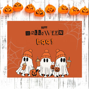 Cartão Postal Laranja Fofo Feliz Dia das Bruxas Fantasmas Boo