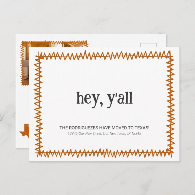 Cartão Postal Laranja Queimada Ei Y'all - Mudou para o Texas (Frente/Verso)
