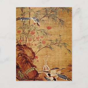 Cartão Postal Laranja Três Magpies e Flores de Mola, Pien Wen-