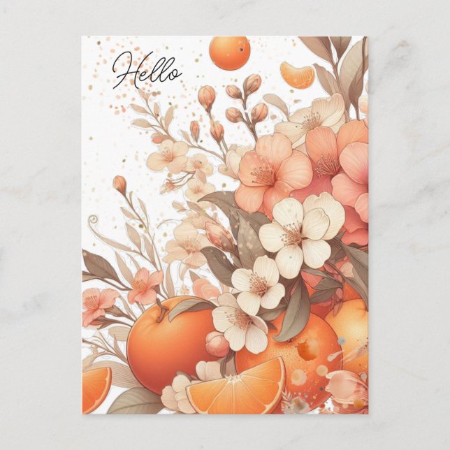 Cartão Postal Laranjas cítricas doces e flores neutras (Frente)