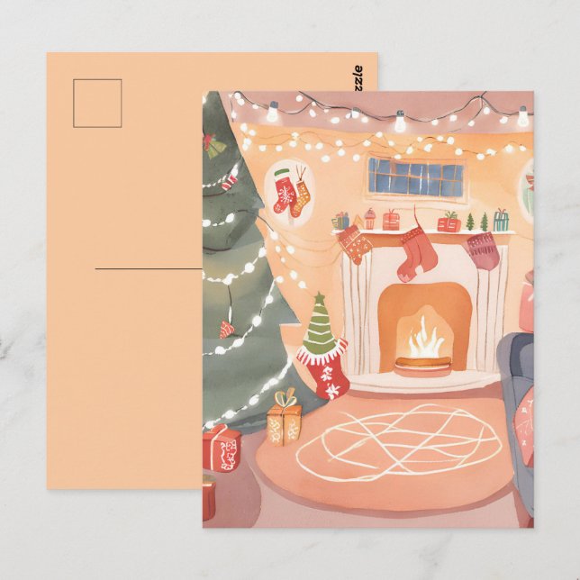 Cartão Postal Lareira de Natal de Aquarela (Frente/Verso)