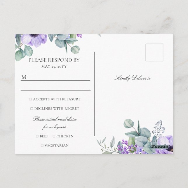 Cartão Postal Larissa Purple Floral Meal Choice Casamento RSVP (Verso)