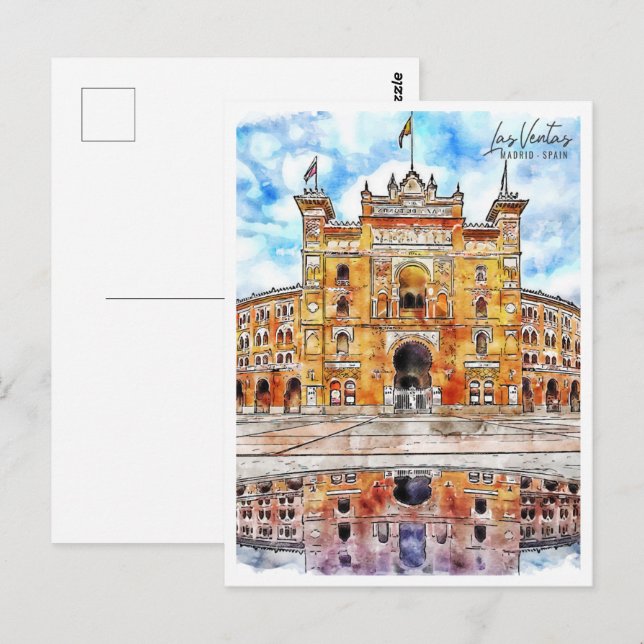 Cartão Postal Las Ventas Madrid - Espanha Place Watercolor (Frente/Verso)