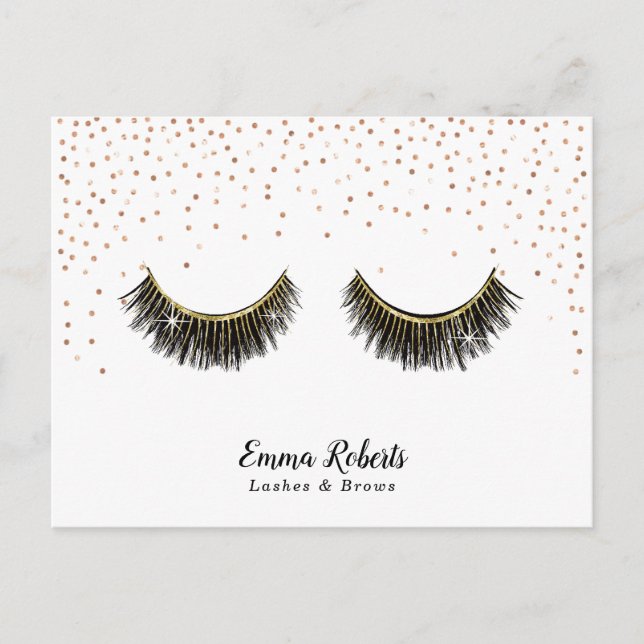 Cartão Postal Lashes Makeup Artista Rosa Confetti Dourado (Frente)