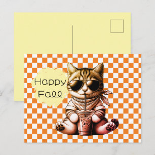 Cartão Postal Latte Divertido de Gato Legal Outono Feliz